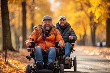 Happy men riding wheelchairs in autumn park