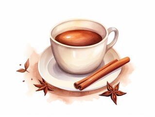 Obraz na płótnie Canvas Minimalistic Watercolor Illustration of a Cup of Chai Tea with Cinnamon Stick and Star Anise on White Background AI Generated