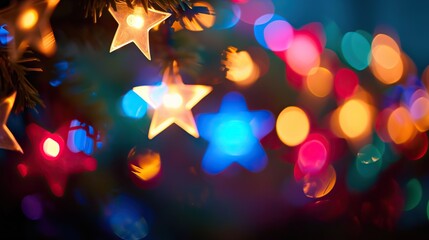 Celestial Festivity Star-Shaped Bokeh and Multicolor Blurry Lights Illuminate Christmas Decorations in a Whimsical Haze. created with Generative AI