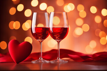 Two glasses of red wine on table with heart shape on festive golden bokeh background. Saint Valentines day concept