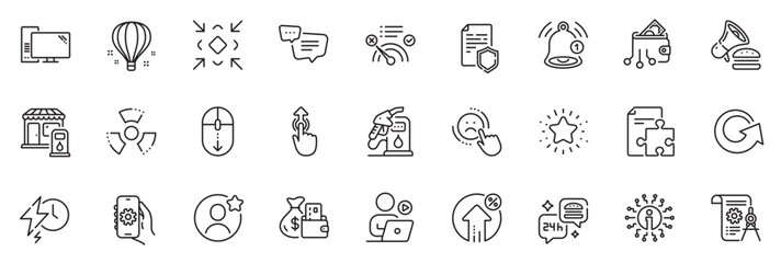 Icons pack as App settings, Change money and Air balloon line icons for app include Computer, Loan percent, Burger outline thin icon web set. Text message, Best friend. Vector - obrazy, fototapety, plakaty