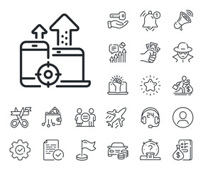 Web targeting sign. Salaryman, gender equality and alert bell outline icons. Seo devices line icon. Traffic management symbol. Seo devices line sign. Spy or profile placeholder icon. Vector