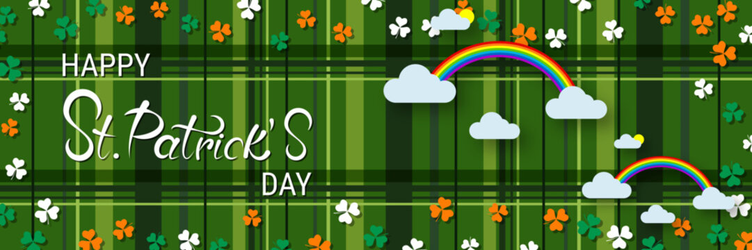 St.Patrick's Day vector banner template. Green plaid background with colorful clover leaves