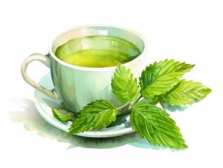 Obraz na płótnie Canvas Minimalistic Superb Watercolor Illustration of a Cup of Nettle and Mint Tea on White Background AI Generated