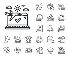 Check in trip sign. Plane jet, travel map and baggage claim outline icons. Airplane travel line icon. Holidays flight transport symbol. Airplane travel line sign. Vector
