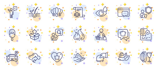 Outline set of Parking, Spa stones and Hot sale line icons for web app. Include Buyer, Seo message, Donate pictogram icons. Anti-dandruff flakes, Agent, Cooking hat signs. Inspect. Vector