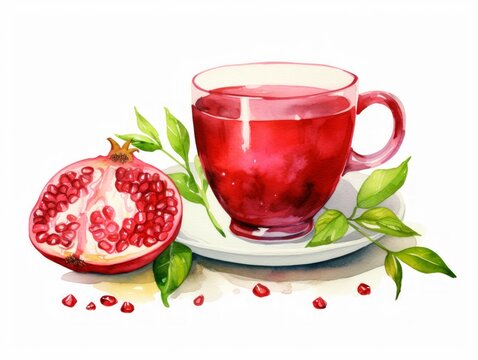 Minimalistic Watercolor Illustration of a Cup of Pomegranate and Green Tea with Pomegranate Seed Garnish AI Generated