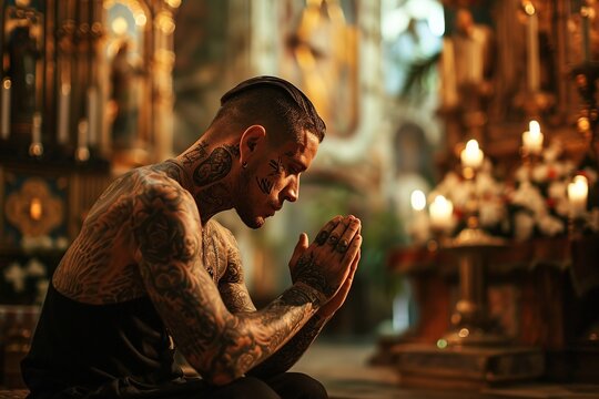 Devotion Expressed: Tattooed Man at Church Altar


