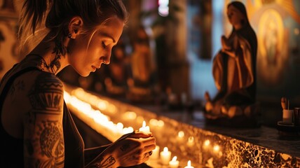 Sacred Illumination: Young Tattooed Person Lighting Candle in Church