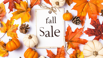fall sale poster frame, white background, empty space for copy and text, fall seasonal marketing materials, flat lay