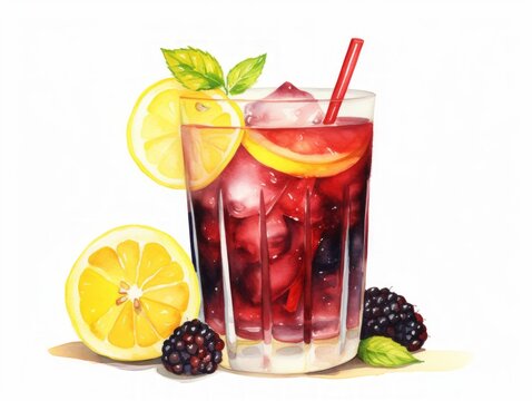 Minimalistic Superb Watercolor Illustration of a Glass of Blackberry Lemonade with a Lemon Slice on White Background AI Generated