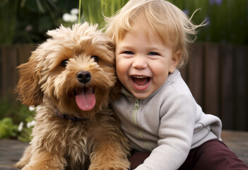 cute happy blonde little boy playing with his dog puppy outside of his home in the garden