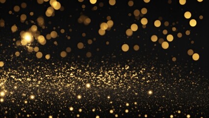 Black background with golden sparkling particles and bokeh lights. background with gold foil texture
