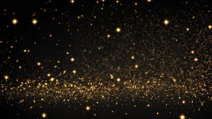 Black background with golden sparkling particles and bokeh lights. background with gold foil texture - obrazy, fototapety, plakaty