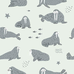 Walrus. Cute Background with animals. Baby Oceanic pattern for Fabric Textile, Wallpaper, Wrapping. Vector illustration