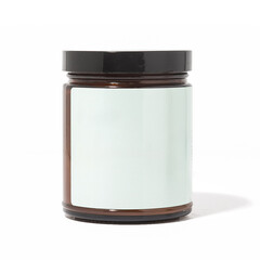 Amber Glass Candle Jar on White background with blank blue label