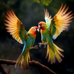 A pair of playful parrots engaged in a synchronized mid-air dance, their vibrant plumage in full display. - obrazy, fototapety, plakaty