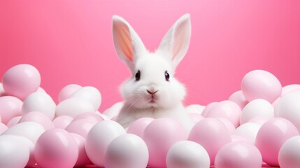 Fototapeta premium Little white bunny with fluffy fur and Easter eggs on a pink background, Easter or greeting card.