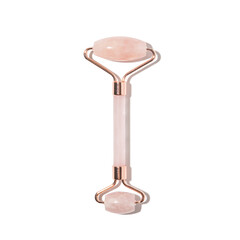 Pink Rose Quartz Face Roller on White Background