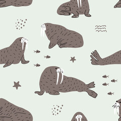 Walrus. Cute Background with animals. Baby Oceanic pattern for Fabric Textile, Wallpaper, Wrapping. Vector illustration