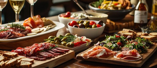 Assorted appetizers including antipasti, charcuterie, snacks, meat and cheese platter, spicy olives, salmon carpaccio, and tomato salad. - obrazy, fototapety, plakaty