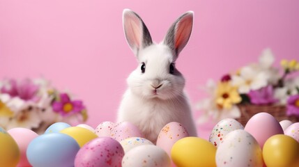 Fototapeta premium Little white bunny with fluffy fur and Easter eggs on a pink background, Easter or greeting card.