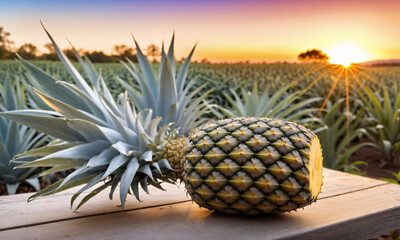 a Chopped pineapple sitting on the evening farm garden table