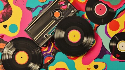 Retro Music Revival: Vinyl and Cassette in 80s Pop Collage - obrazy, fototapety, plakaty