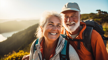 Portrait of an elderly couple enjoying their hike in mountains, having a lovely moment together with natural lights - obrazy, fototapety, plakaty