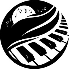 Black and white drawing. Elegant piano and musical notes. Vector.