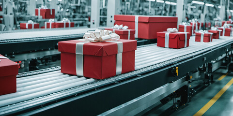 Christmas gift production, Christmas gifts on conveyor belt in a production hall or logistics center shipping center, red packaging and silver bow, background, mass production, gifts