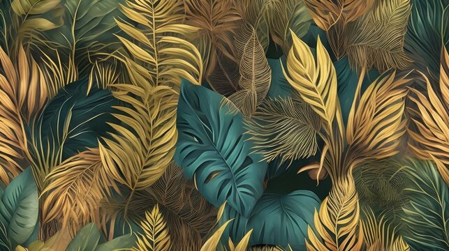 Fototapeta Tropical exotic seamless pattern with dark golden and green vintage palm leaves for product presentation, backdrop, wallpaper and fabric painting. Hawaiian theme background