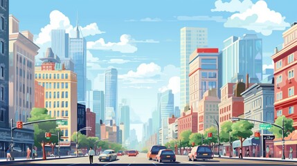 A bustling city street with people, cars, and tall buildings, great for an urban-inspired vector background. - obrazy, fototapety, plakaty