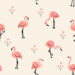 Pink flamingo with flowers. Cute kids print. Birds vector seamless pattern.