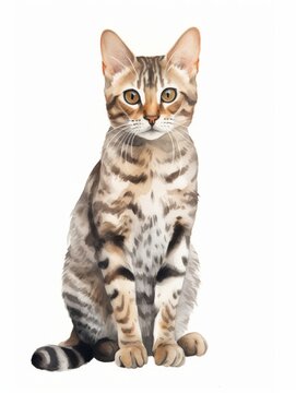 Minimalistic Watercolor Illustration of a Sitting Exotic Ocicat with Distinctive Spots AI Generated
