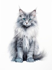 Naklejka na ściany i meble Minimalistic Watercolor Illustration of a Nebelung Cat AI Generated