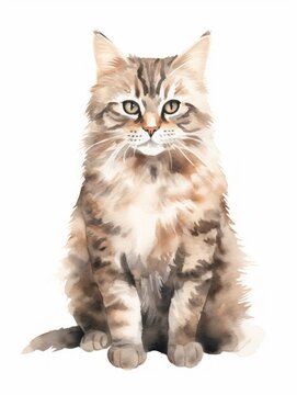 Minimalistic Watercolor Illustration of a Sitting Highlander Cat AI Generated