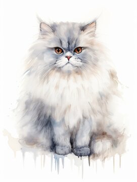 Minimalistic Watercolor Illustration of a Persian Cat with Long Flowing Fur AI Generated
