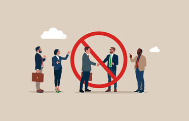 No handshake. No discussion, against conversation,  no meeting, none team communication, stop colleague chatting, against opinion. Flat vector illustration