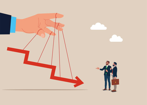 Manipulating economy with string. Falling living standards and prices. Hand holds strings with red arrow down. Flat vector illustration