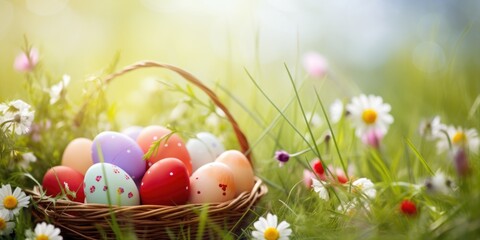 A basket filled with eggs sitting on top of a lush green field, festive Easter background.