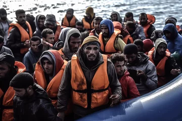 Foto op Canvas Migrant vessel in Mediterranean Sea. Migrants aboard an inflatable vessel in sea. European migrant crisis. Illegal immigration on boat on sea border. Europe and Africa tackle migration. Refugees © MaxSafaniuk