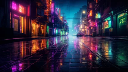 Fotobehang Rainy urban night: neon-lit city street with reflective wet pavement - perfect for urban art or quotes © Ashi