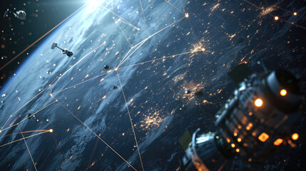 Satellites in space above the earth connection between communication satellites