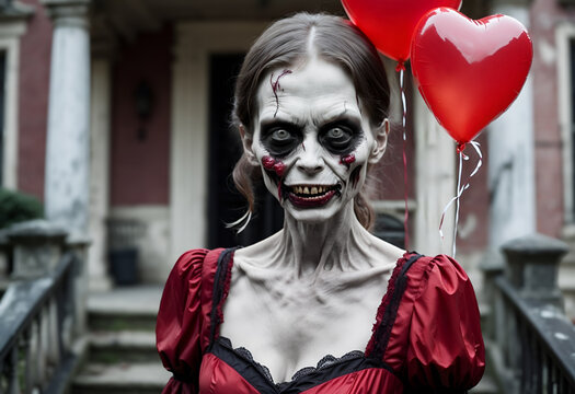 Love Beyond the Grave: A creepy zombie woman holding heart-shaped balloons for Valentine´s day at old mansion