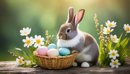 Cute Easter bunny with basket of eggs and spring flowers on nature background, copy space
