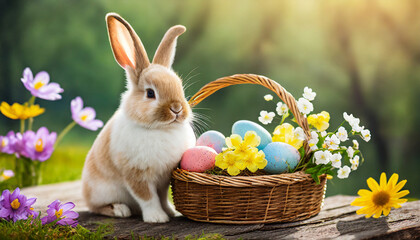 Cute Easter bunny with basket of eggs and spring flowers on nature background, copy space