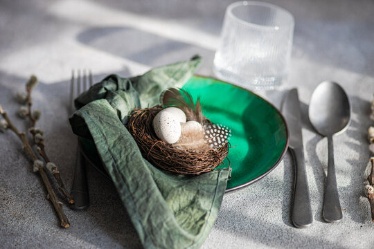 High angle of a Dinner set for Easter holiday evening meal time