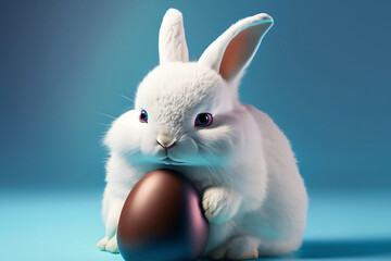 Obraz premium Um coelho branco, fofo, abraçado com um ovo de chocolate e fundo azul. Conceito de Páscoa.