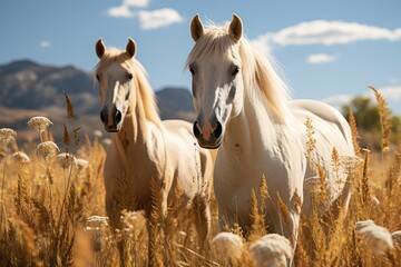 Three white horses embracing in friendship in summer meadow - obrazy, fototapety, plakaty